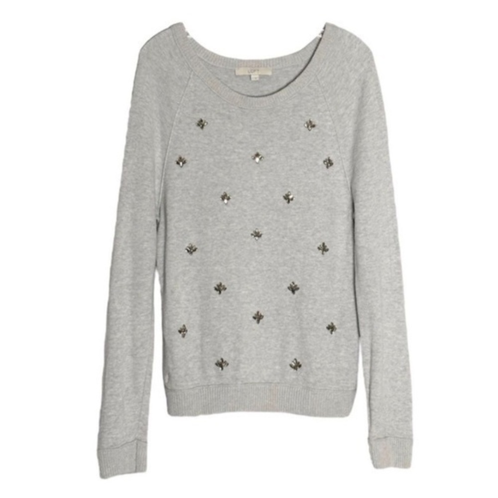 ANN TAYLOR LOFT 10% SILK RHINESTONE JEWELED GREY SWEATER, SIZE XS